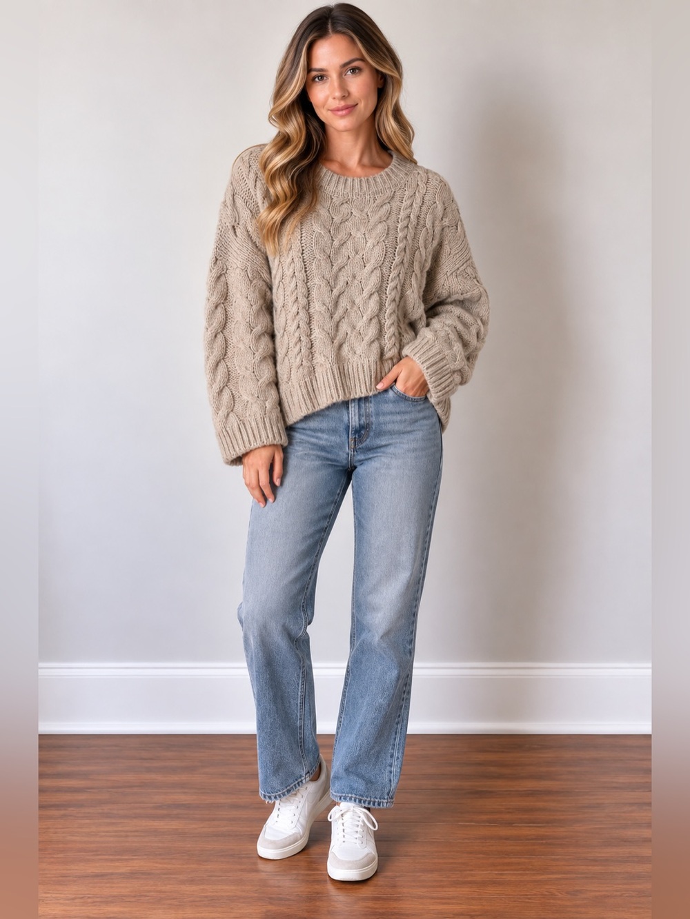 Goodnight Macaroon Oatmeal Cable-Knit Crewneck Sweater